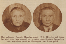 874294 Dubbelportret van het echtpaar Brandt (Hazelaarstraat 49) te Utrecht, dat binnenkort 50 jaar getrouwd is.